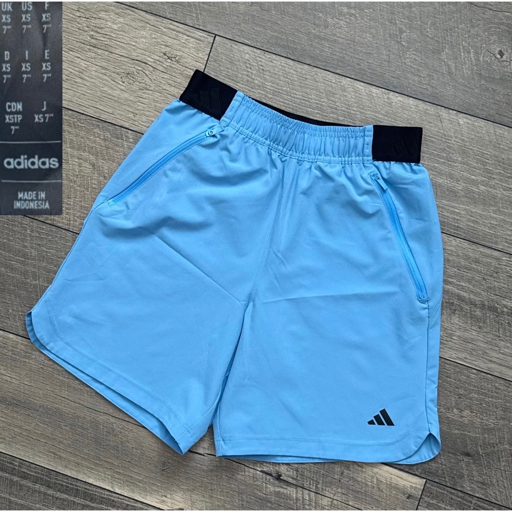 Y2K Adidas Aeroready Training Shorts Blue Black Zipper Pockets 7" Inseam Mens XS